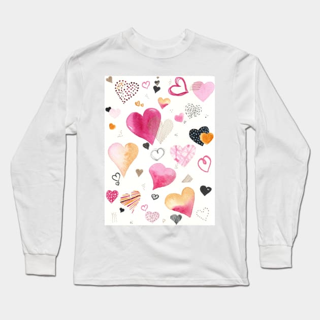 Pretty pink and golden watercolor hearts pattern Long Sleeve T-Shirt by Wolshebnaja